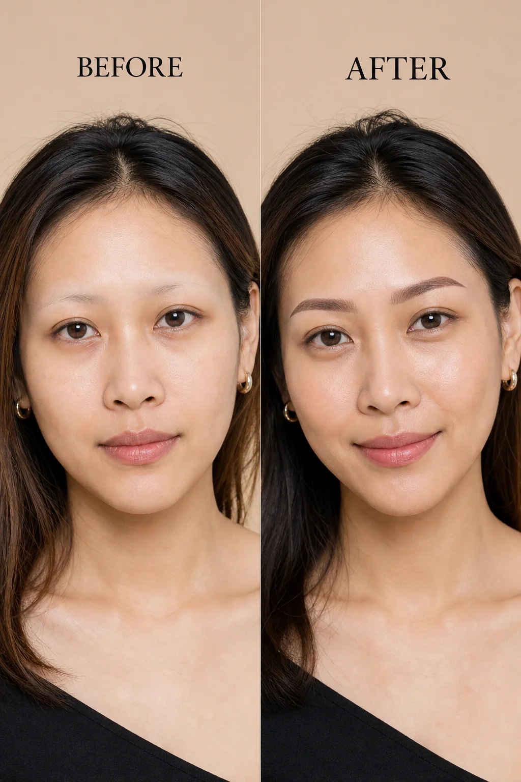 ภาพจำลองเปรียบเทียบทรงคิ้วที่สมดุลกับผู้หญิงรูปหน้าไข่